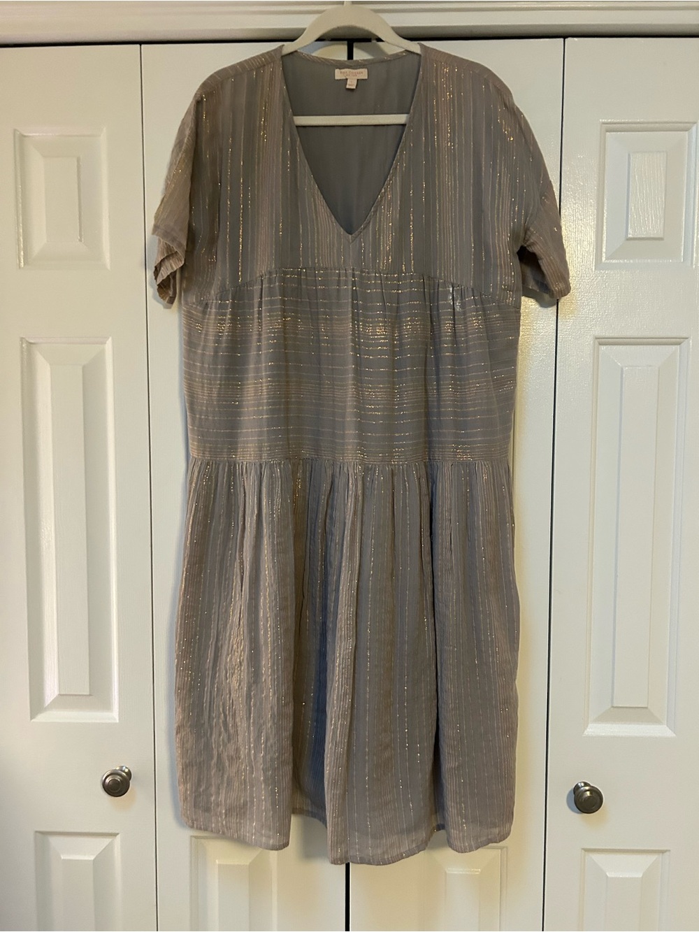Pink Chicken Beige Metallic-Striped V-Neck Tiered Midi Dress
